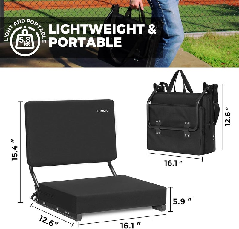 HUTMANG Chair - Stadium Seat with Back Support, Padded Foam Backs, 330LBS Weight Support, Portable, Foldable, Black - Image 2